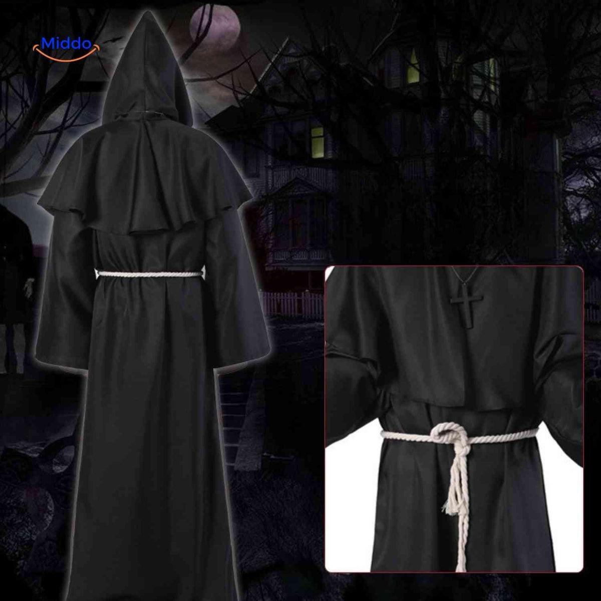 Costume Robe Hooded Floor-Length Adjustable Rope Belt