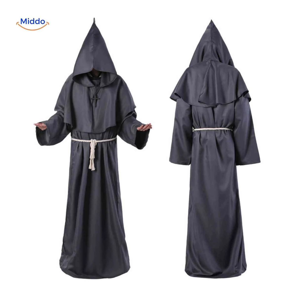 Costume Robe Hooded Floor-Length Adjustable Rope Belt