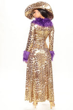 Costume Set Gold Money Print Faux Fur Trim 3-Piece