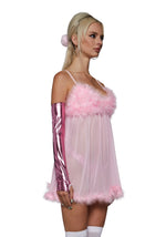 Costume Set Three-Piece Sheer Feather-Trim Nightie