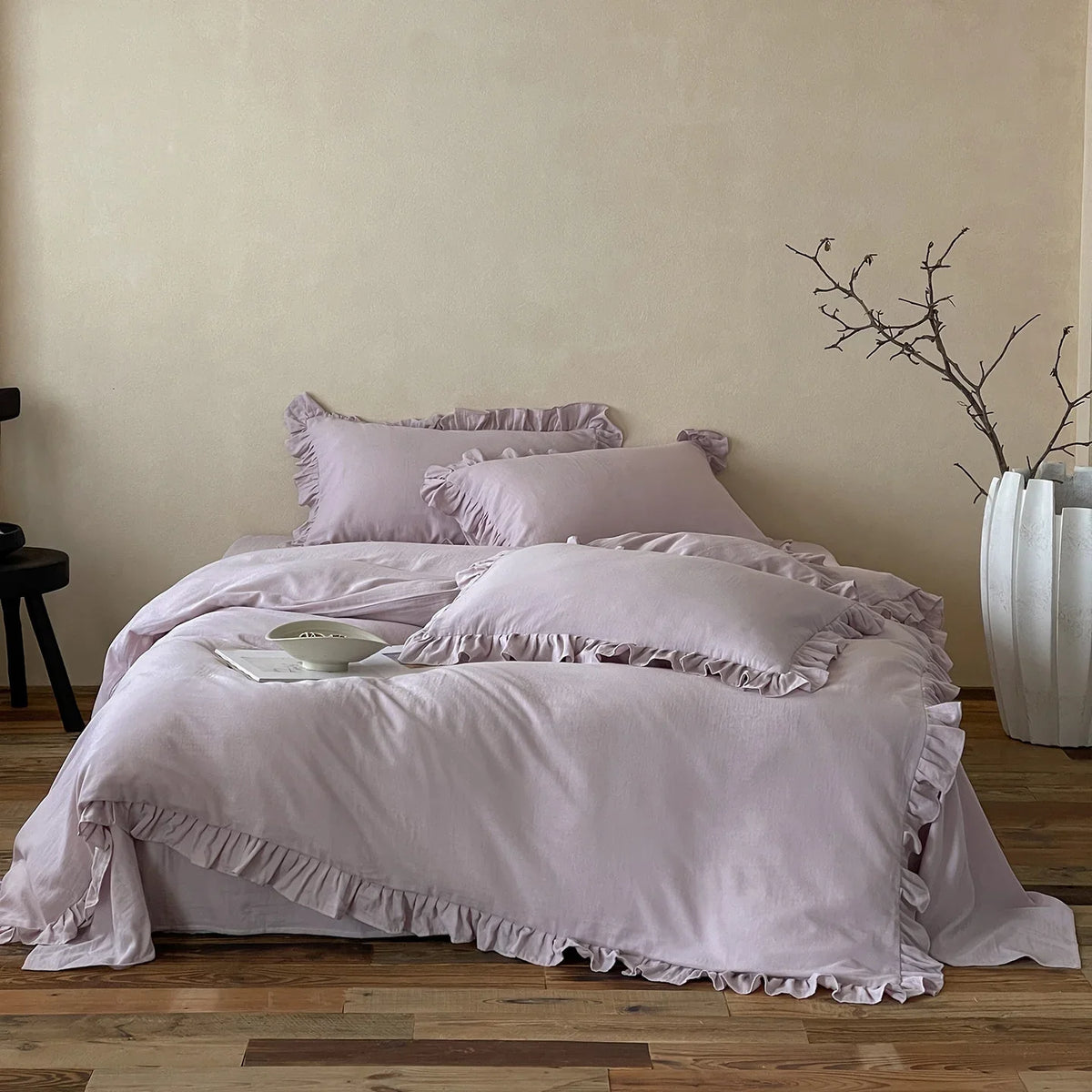 Cotton Bedding Set Percale Ruffled Duvet Cover & Pillowcases