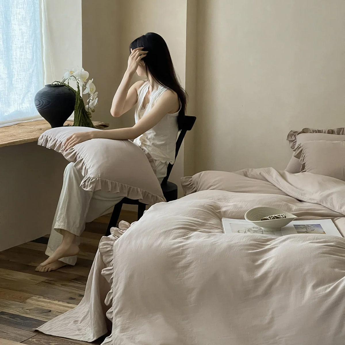 Cotton Bedding Set Percale Ruffled Duvet Cover & Pillowcases