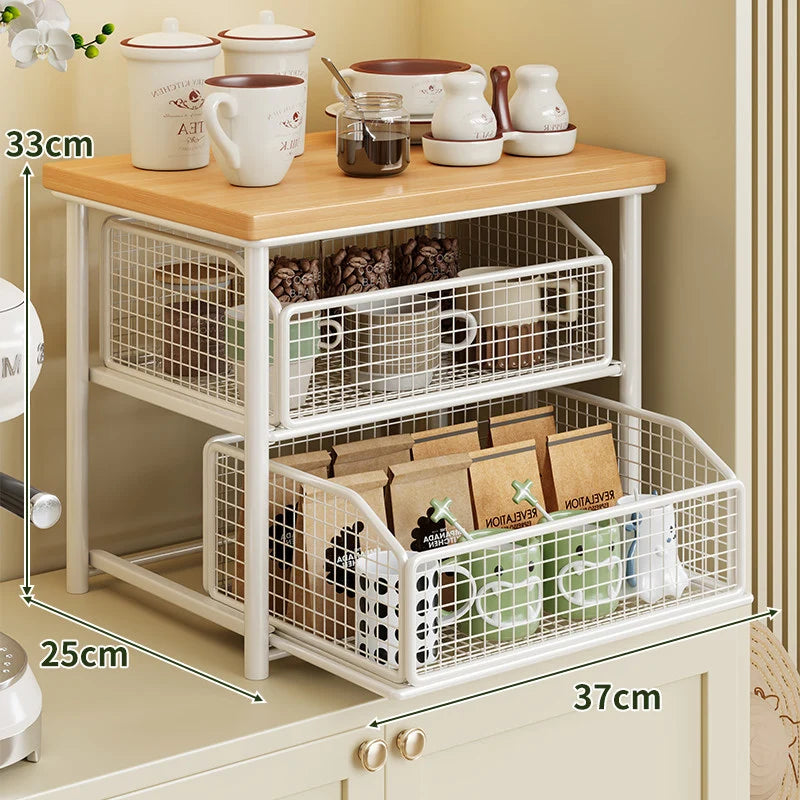 Countertop Organizer Wood Top Sliding Wire Basket