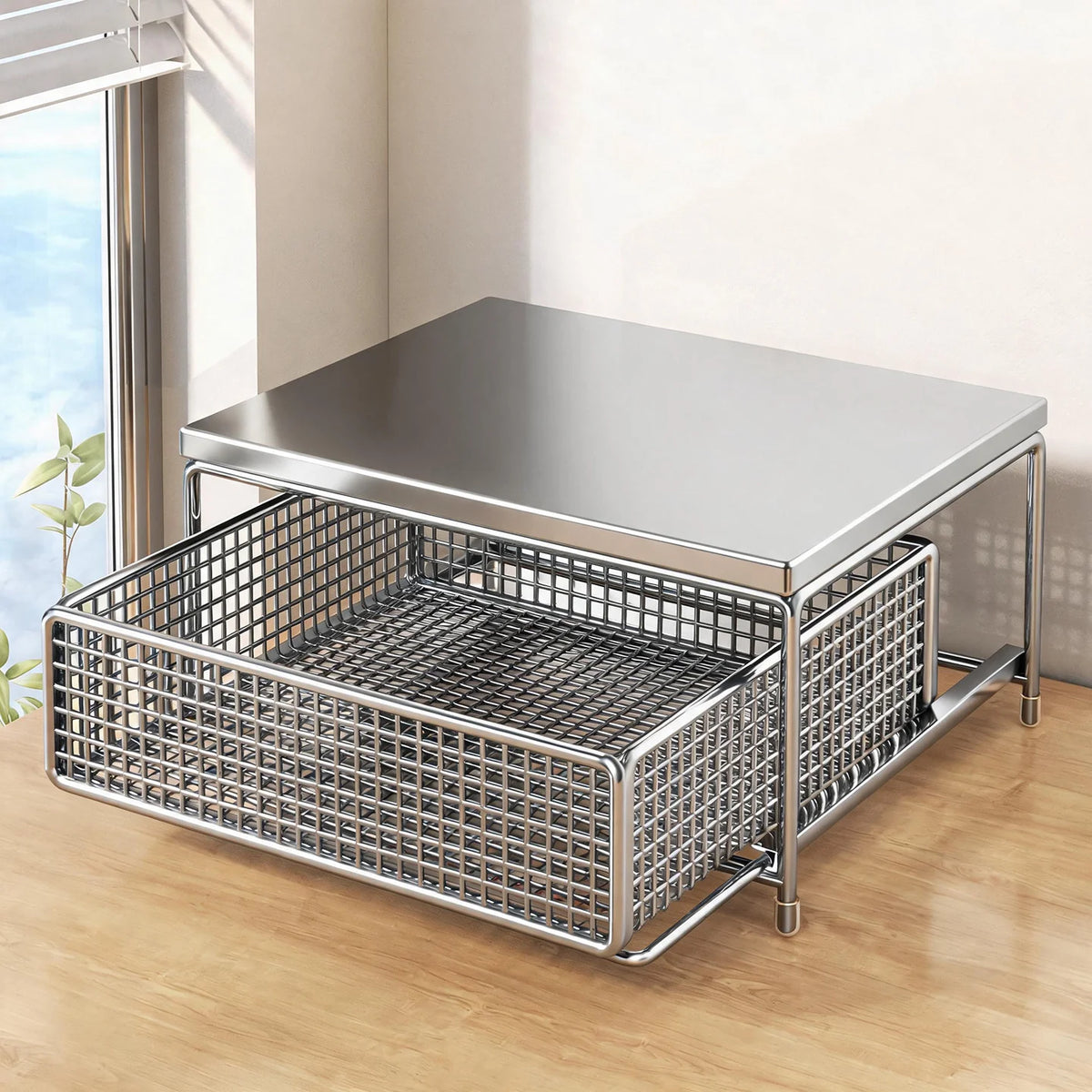 Countertop Storage Organizer Sliding Mesh Basket Wood-Look Top
