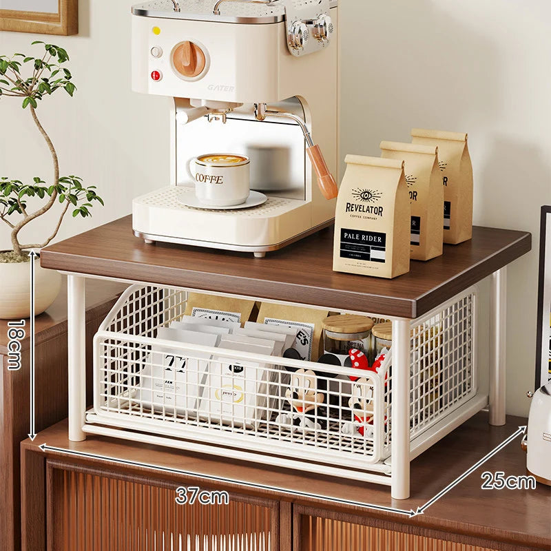 Countertop Storage Organizer Sliding Mesh Basket Wood-Look Top