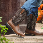 Cowboy Boots Mid-Calf Embroidered Shaft Square Toe Pull-On