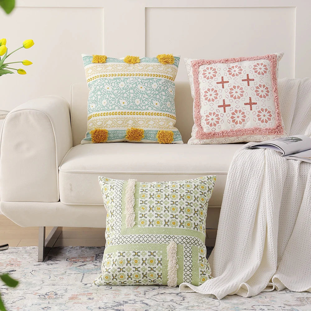 Cushion Cover Botanical Jacquard Tassel Trim 45 × 45 cm