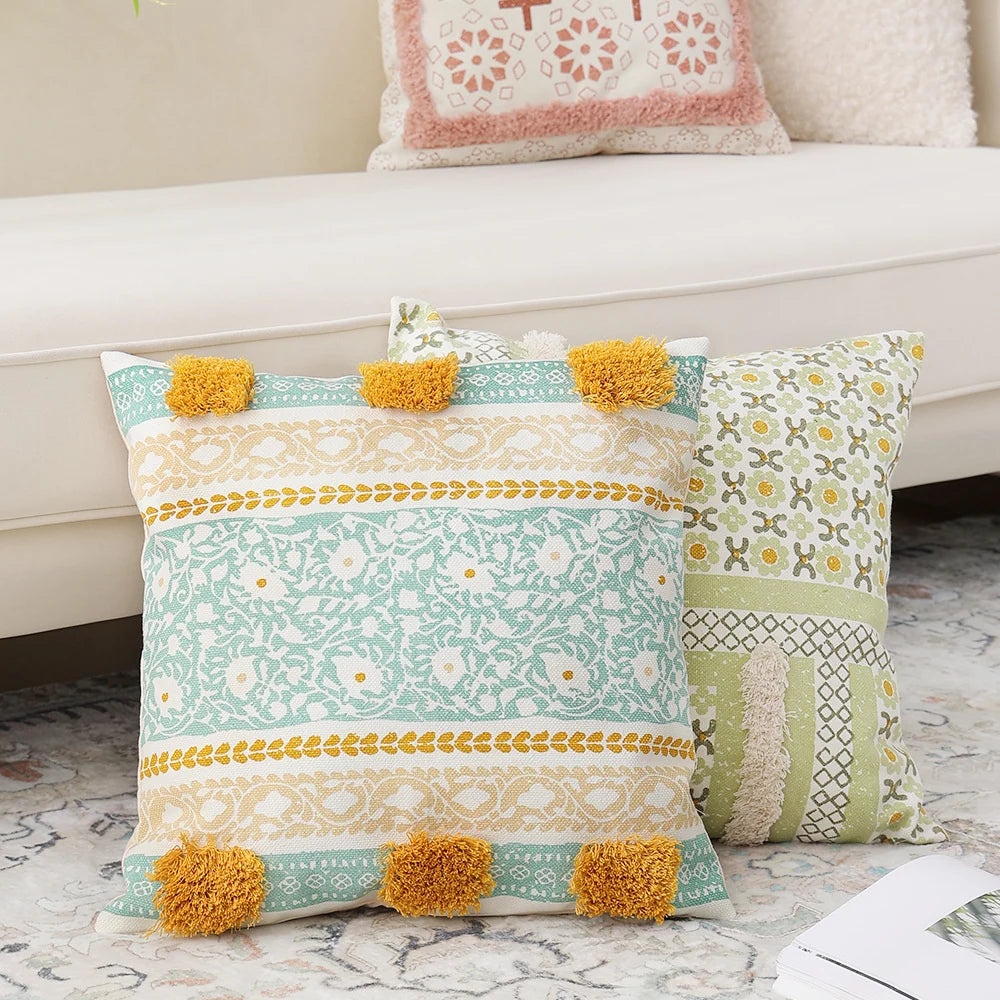 Cushion Cover Botanical Jacquard Tassel Trim 45 × 45 cm