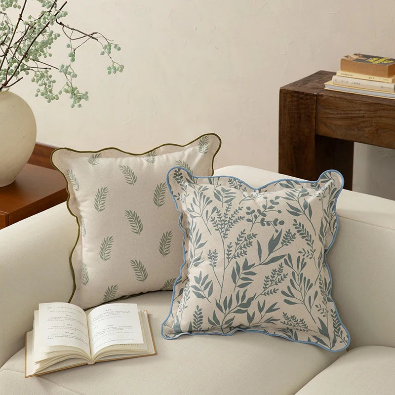 Cushion Cover Botanical Print Cotton Blend Wavy Edge