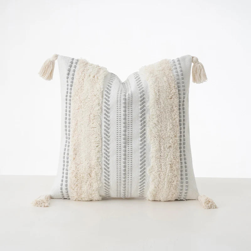 Cushion Cover Bouclé Striped Cotton Blend Corner Tassels