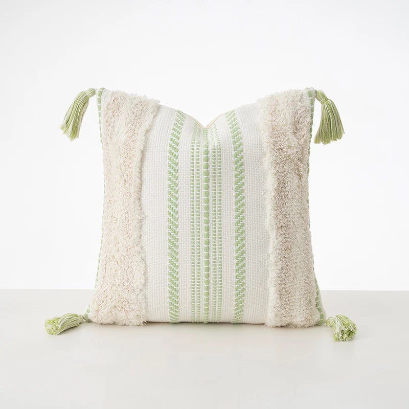Cushion Cover Bouclé Striped Cotton Blend Corner Tassels