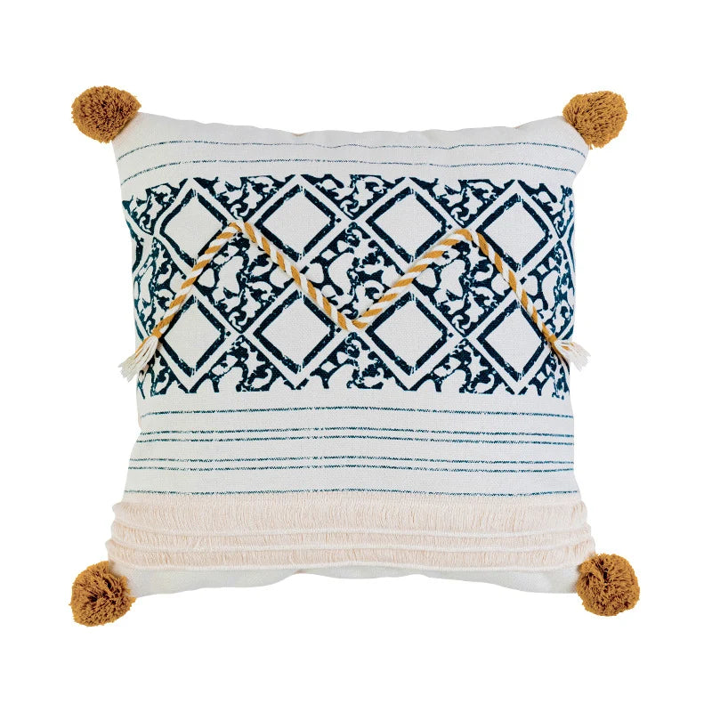 Cushion Cover Cotton Blend Ethnic Jacquard Braided Tassels