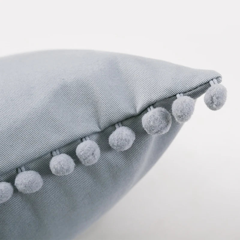 Cushion Cover Cotton-Linen Pompom Trim Hidden Zipper