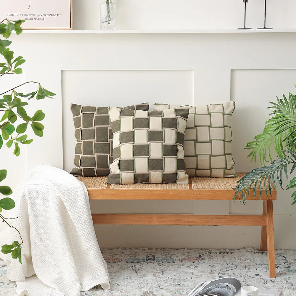 Cushion Cover Cotton-Linen Woven Grid Piping & Concealed Zipper