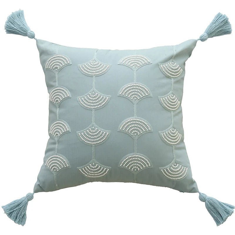 Cushion Cover Embroidered Fan Motif Tassels Cotton Blend