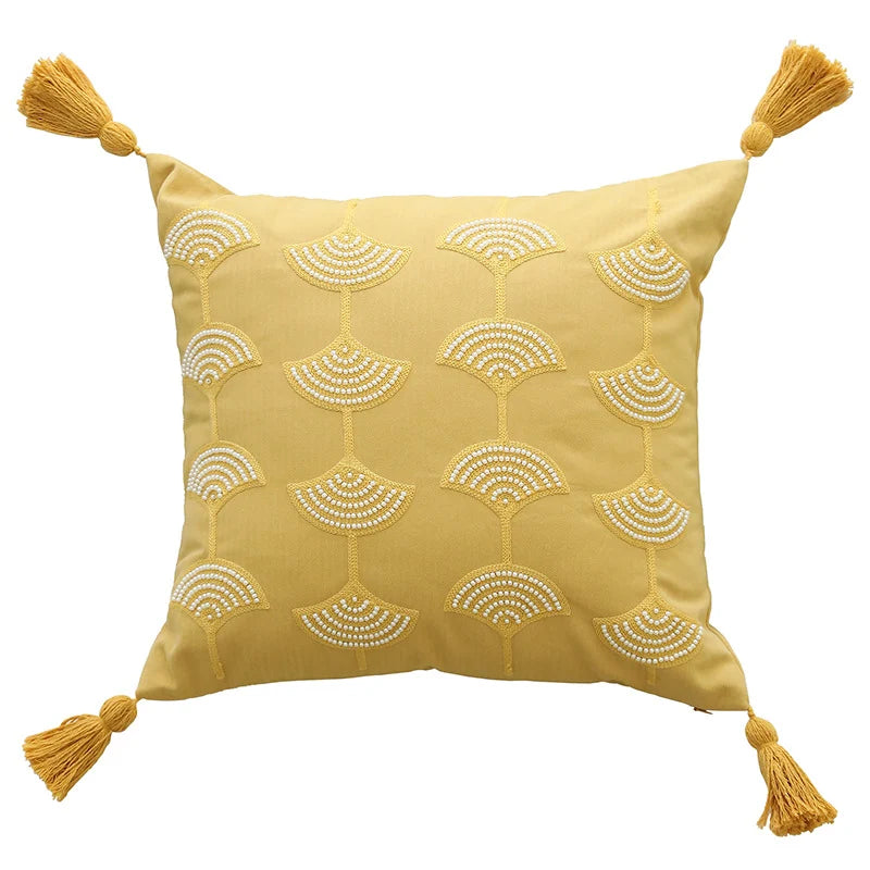 Cushion Cover Embroidered Fan Motif Tassels Cotton Blend
