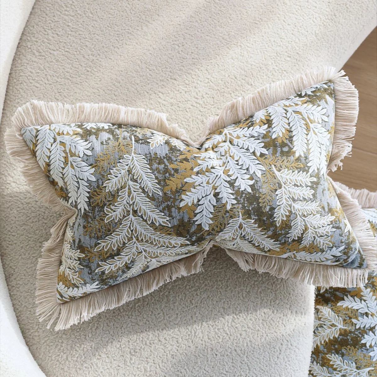 Cushion Cover Embroidered Jacquard Fern Velvet-Like & Fringed Edge