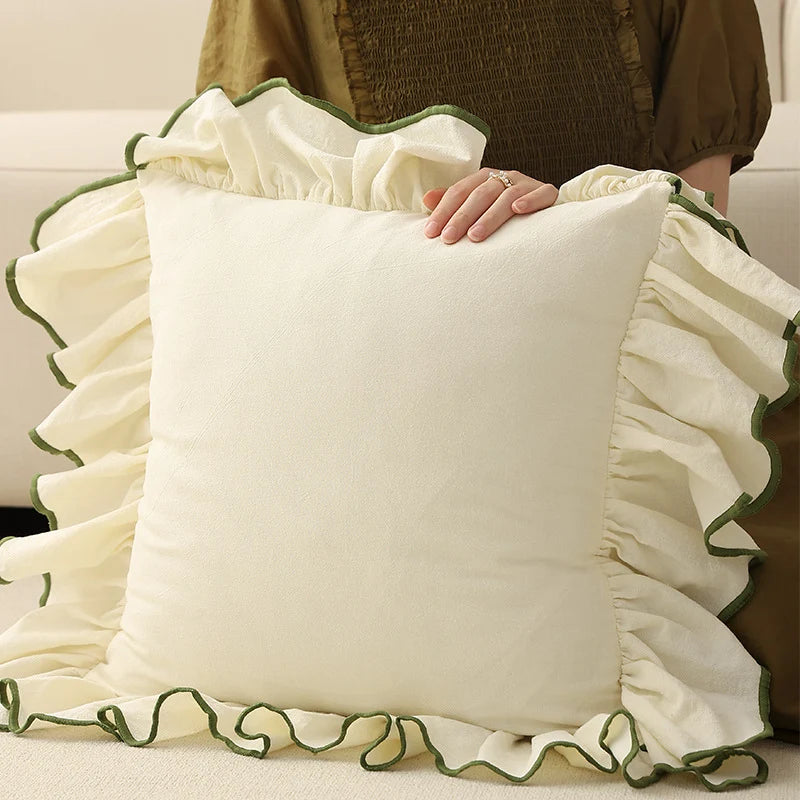 Cushion Cover Gathered Ruffle Cotton-Linen 18x18 Machine Washable