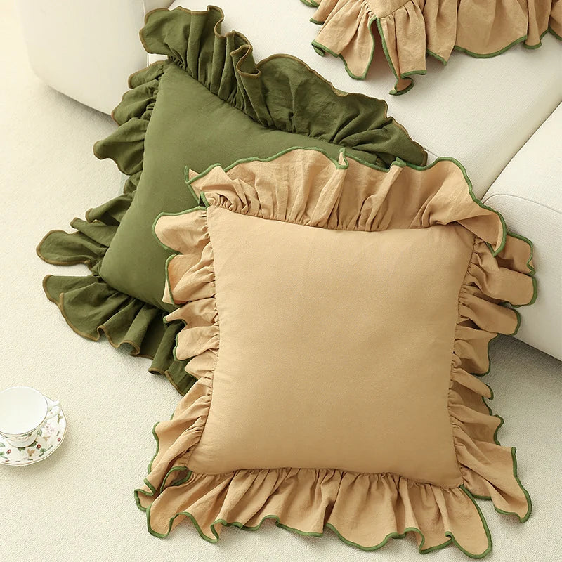 Cushion Cover Gathered Ruffle Cotton-Linen 18x18 Machine Washable