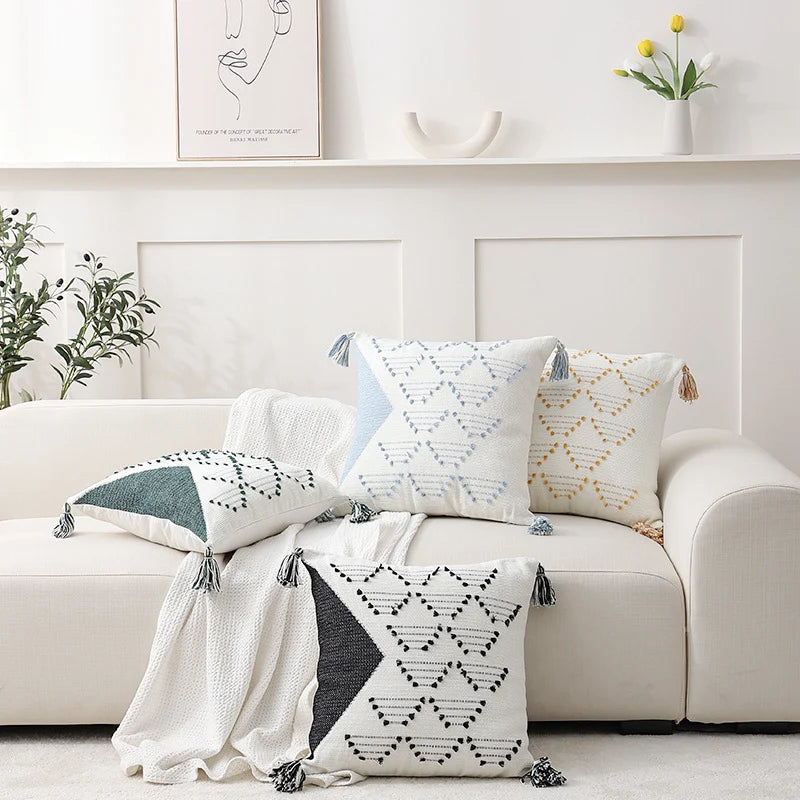 Cushion Cover Geometric Tufted Tassel Corners