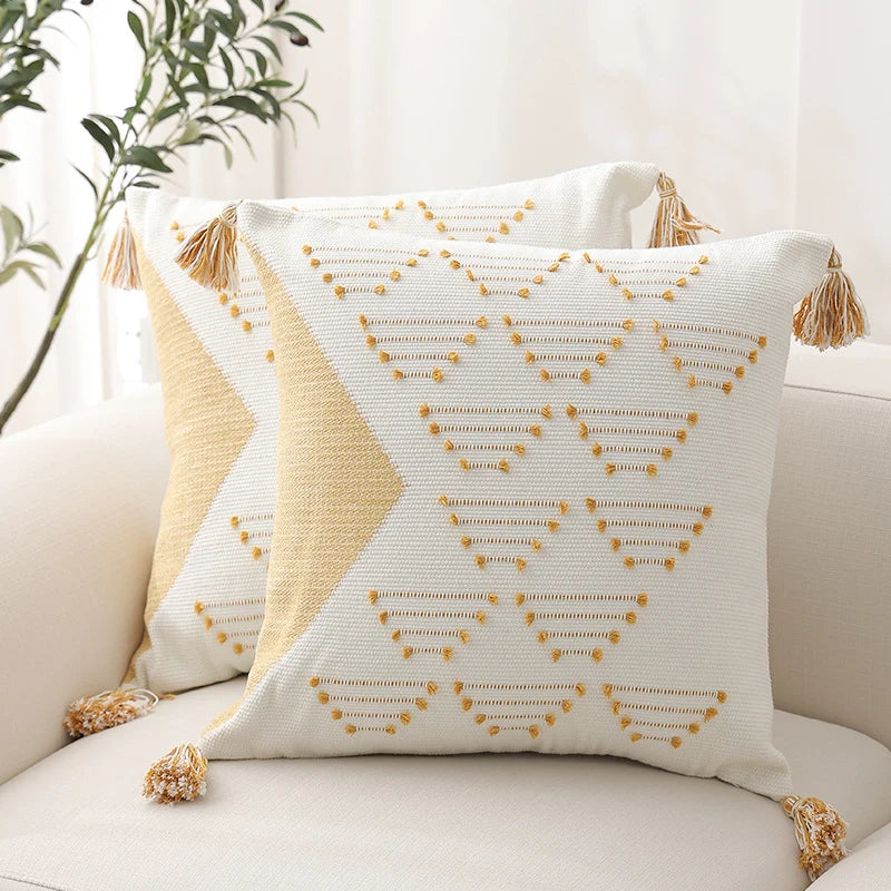 Cushion Cover Geometric Tufted Tassel Corners