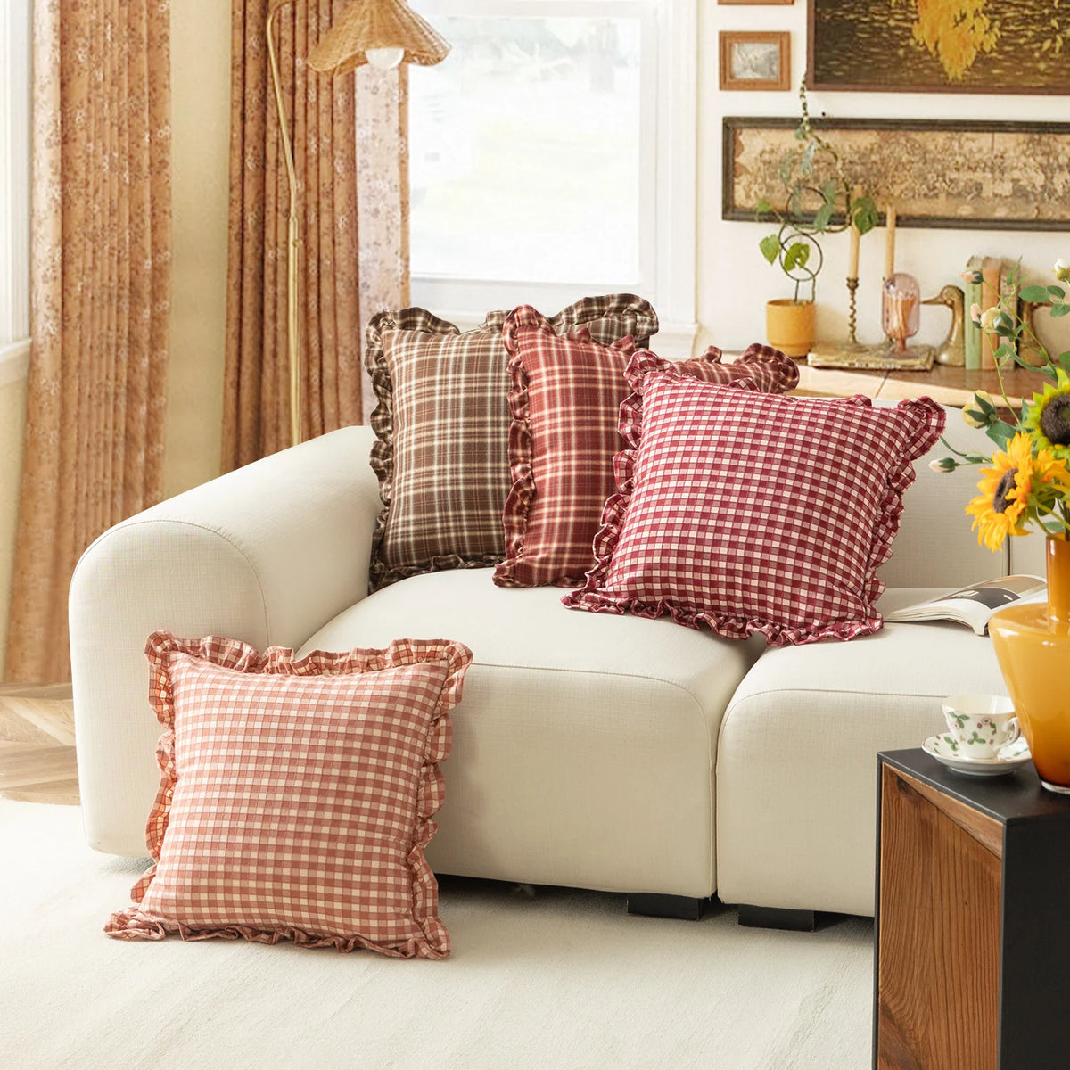 Cushion Cover Gingham Check Ruffle Trim Cotton Blend