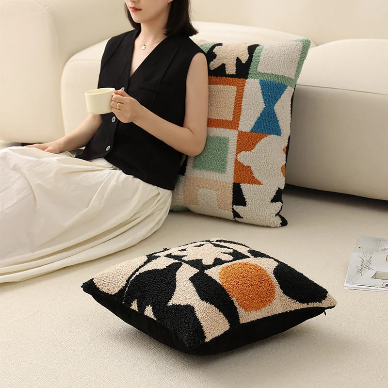 Cushion Cover Hand-Tufted Abstract Cotton Blend Hidden Zipper