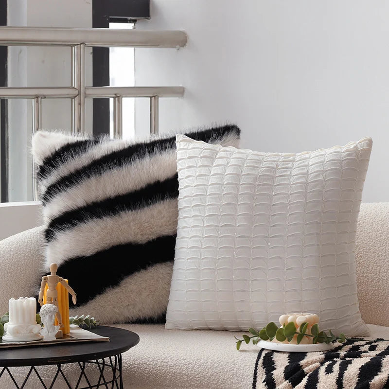 Cushion Cover High-Pile Faux Fur Zebra Stripe