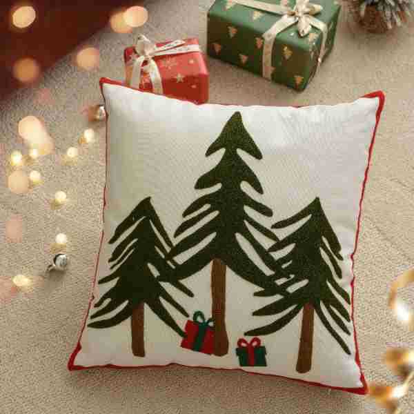 Cushion Cover Holiday Star & Pine Print Pom-Pom Trim