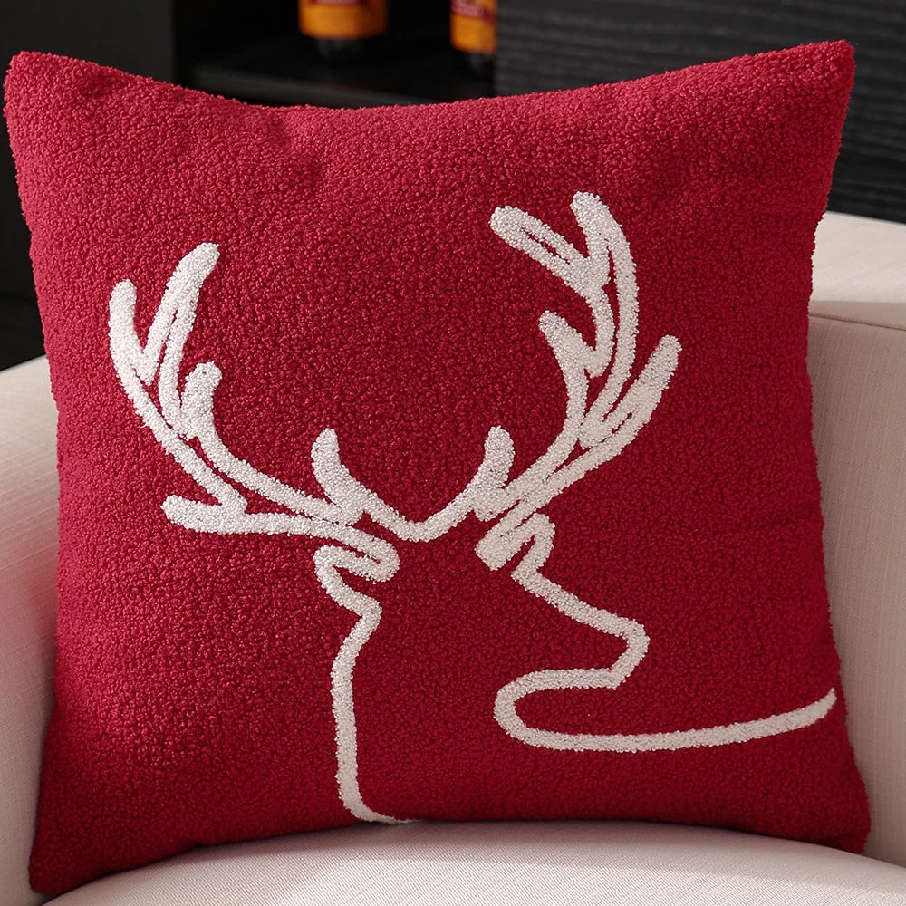 Cushion Cover Holiday Star & Pine Print Pom-Pom Trim