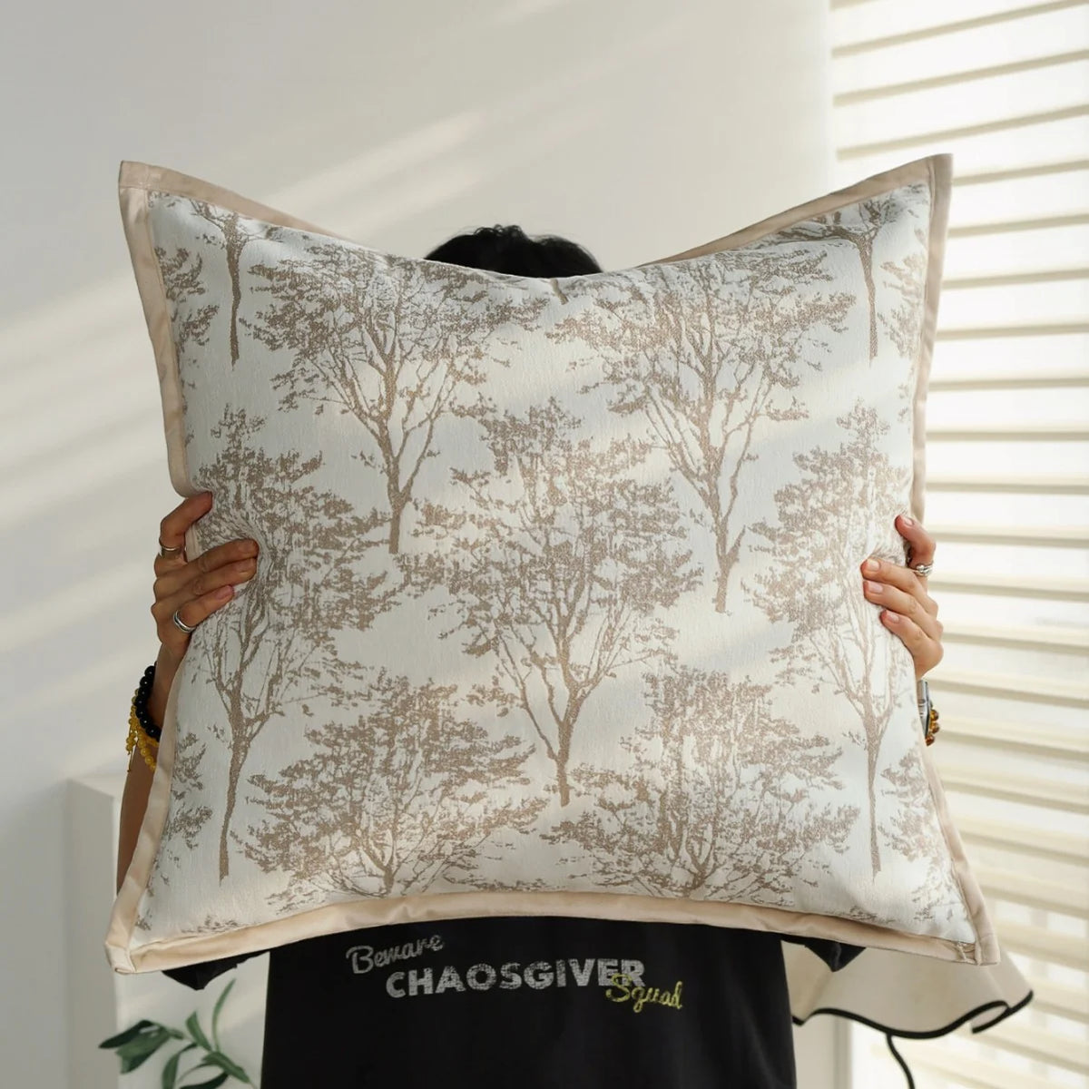 Cushion Cover Jacquard Forest Motif Velvet Piping & Machine-Washable