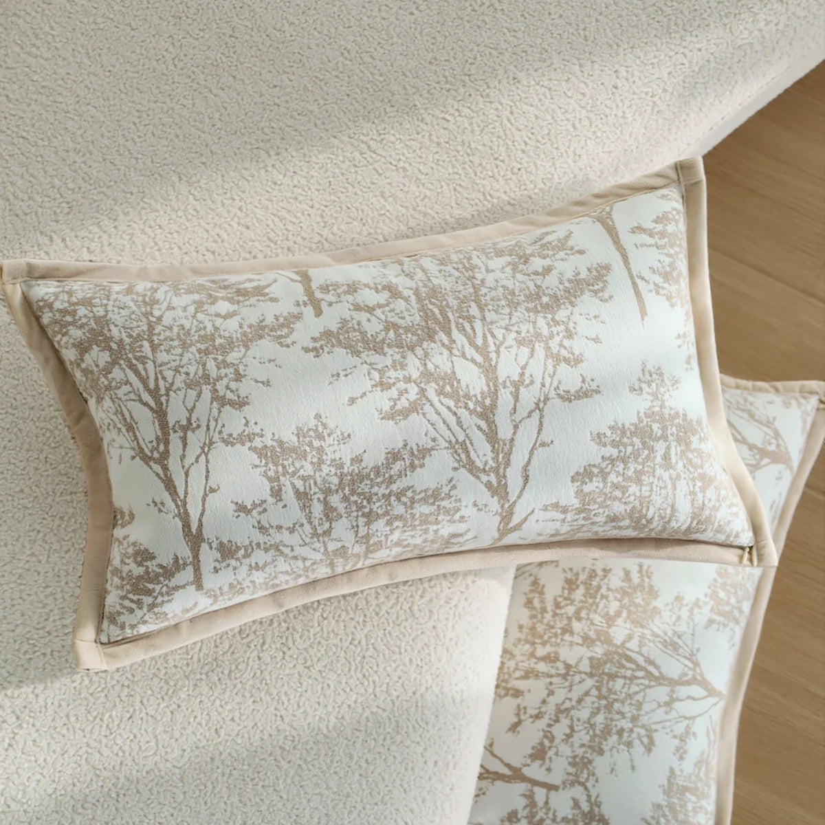 Cushion Cover Jacquard Forest Motif Velvet Piping & Machine-Washable