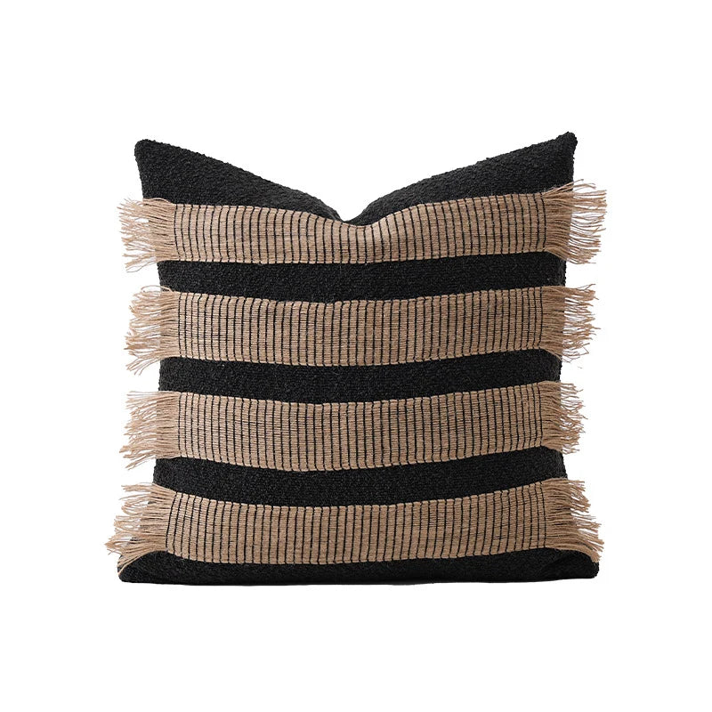 Cushion Cover Rectangular Woven Stripes & Fringe Concealed Zipper