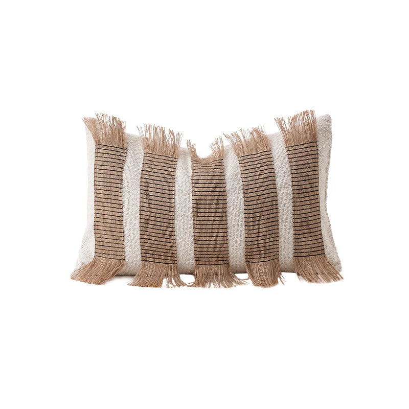 Cushion Cover Rectangular Woven Stripes & Fringe Concealed Zipper