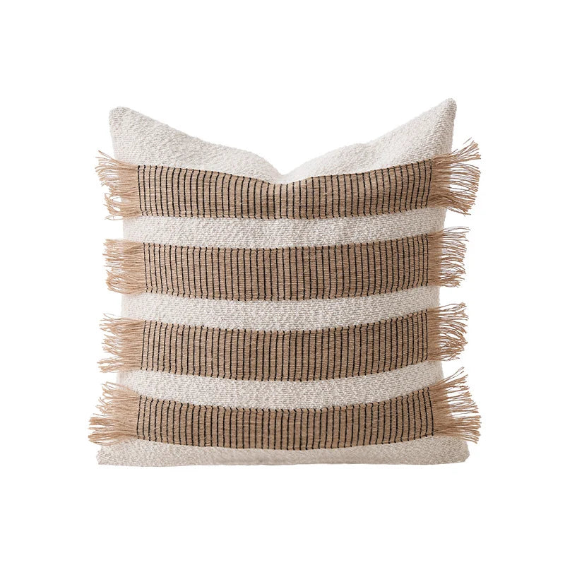 Cushion Cover Rectangular Woven Stripes & Fringe Concealed Zipper