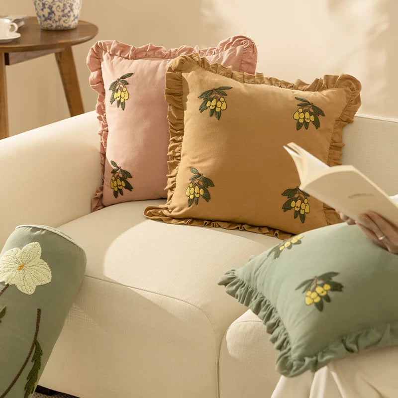 Cushion Cover Ruffled Edge Hand-Embroidered Cotton-Linen