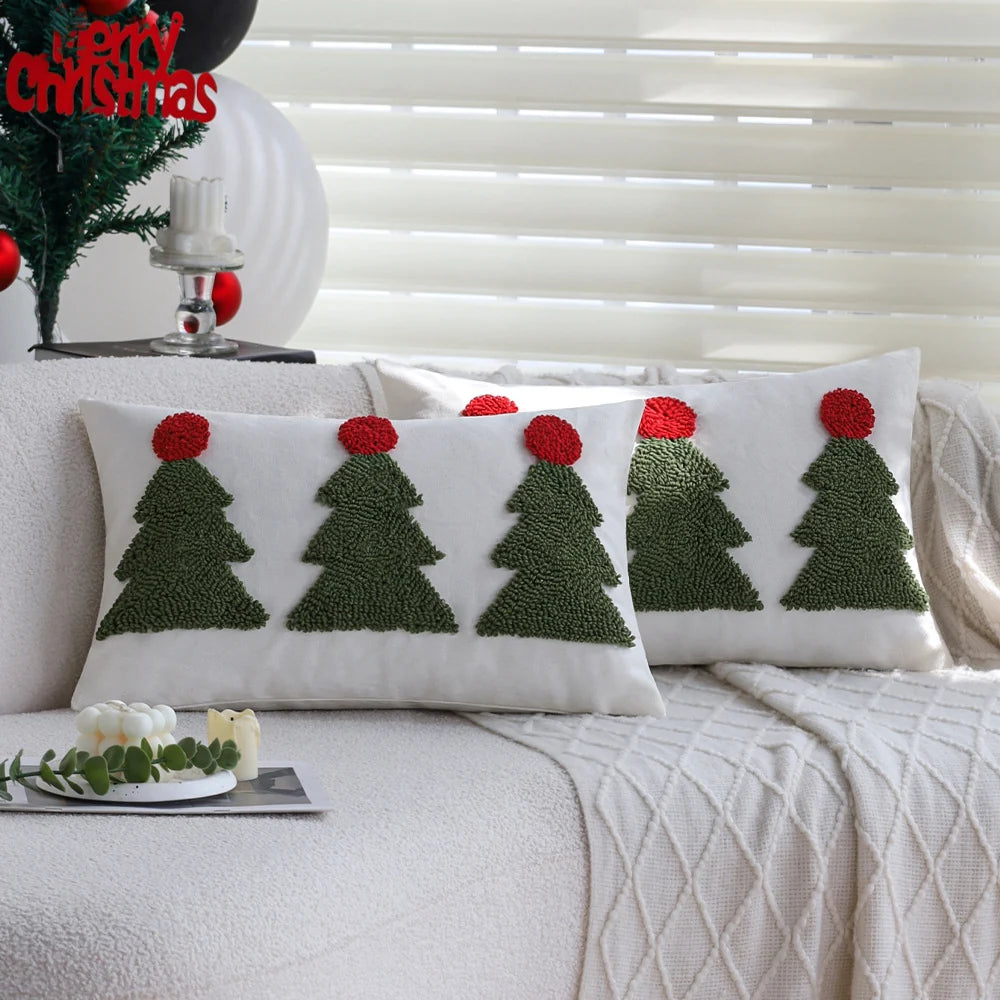 Cushion Cover Tufted Christmas Trees Linen-Look Hidden Zipper
