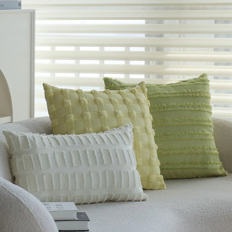 Cushion Cover Tufted & Fringed Cotton Blend Hidden Zipper