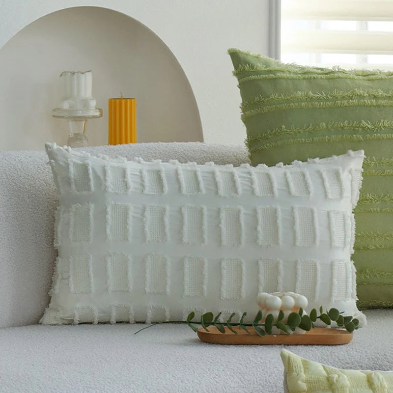 Cushion Cover Tufted & Fringed Cotton Blend Hidden Zipper