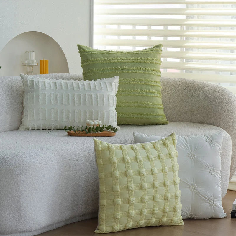 Cushion Cover Tufted & Fringed Cotton Blend Hidden Zipper