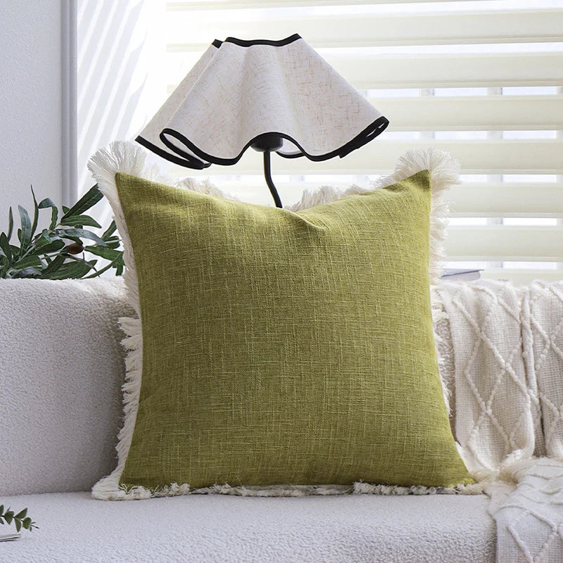 Cushion Cover Tufted & Fringed Cotton Blend Hidden Zipper