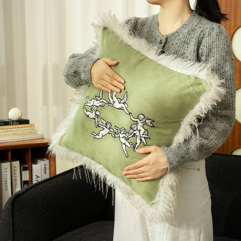 Cushion Cover Velvet Angel Embroidery & Faux Fur Trim