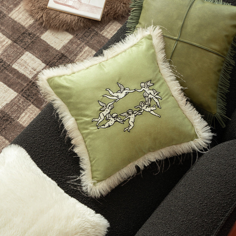 Cushion Cover Velvet Angel Embroidery & Faux Fur Trim