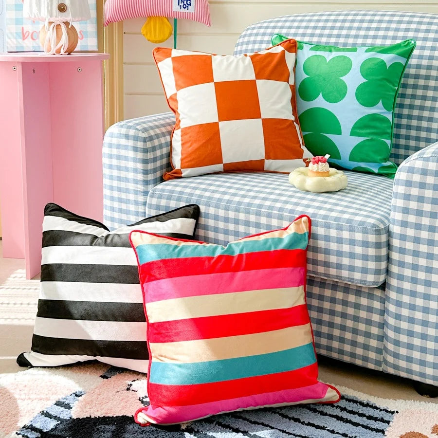 Cushion Cover Velvet Front Large Check Concealed Zipper