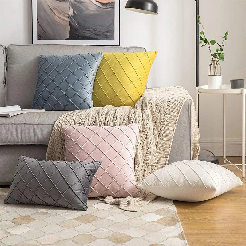 Cushion Cover Velvet-Like Microfiber Quilted Diamond Concealed Zipper