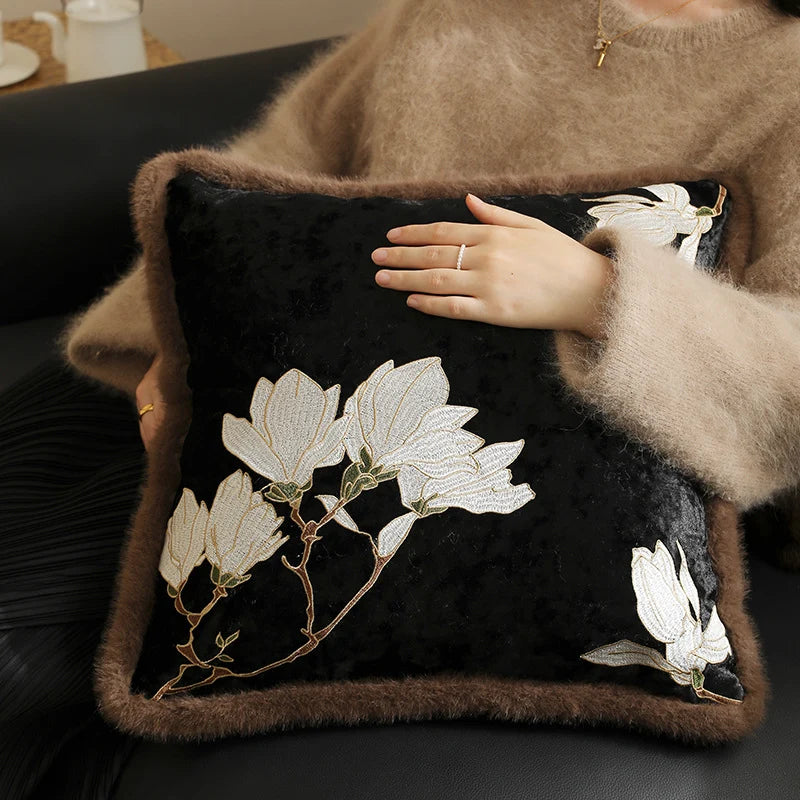 Cushion Cover Velvet Magnolia Embroidery & Faux Fur 45x45cm