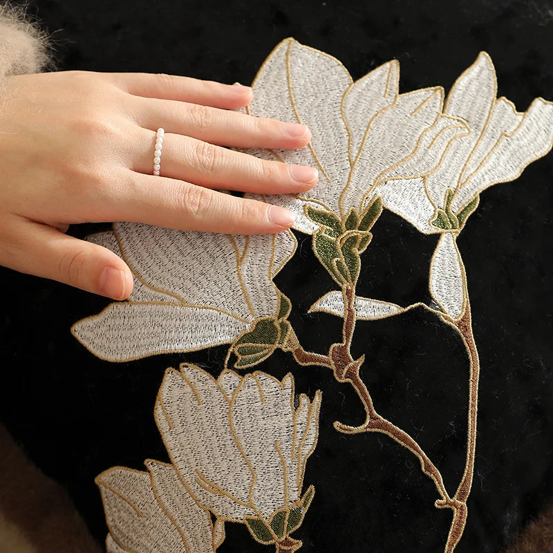 Cushion Cover Velvet Magnolia Embroidery & Faux Fur 45x45cm