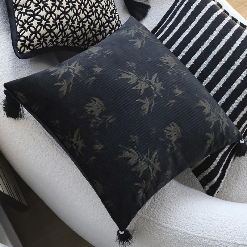 Cushion Cover Velvet Relief Stripes Fringe Tassel Hidden Zipper