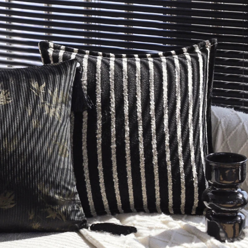 Cushion Cover Velvet Relief Stripes Fringe Tassel Hidden Zipper