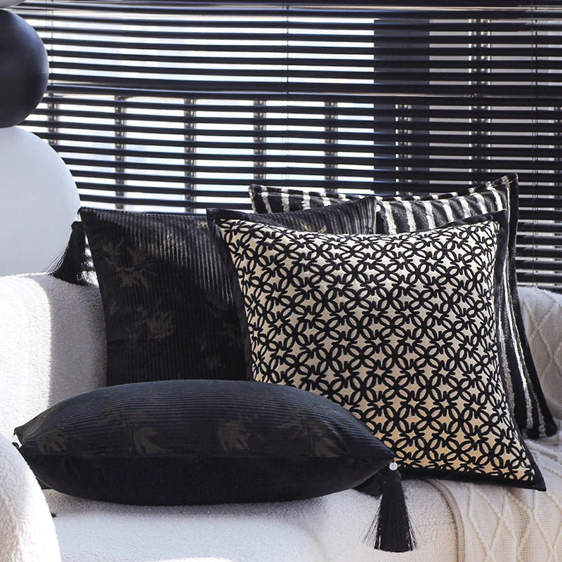Cushion Cover Velvet Relief Stripes Fringe Tassel Hidden Zipper